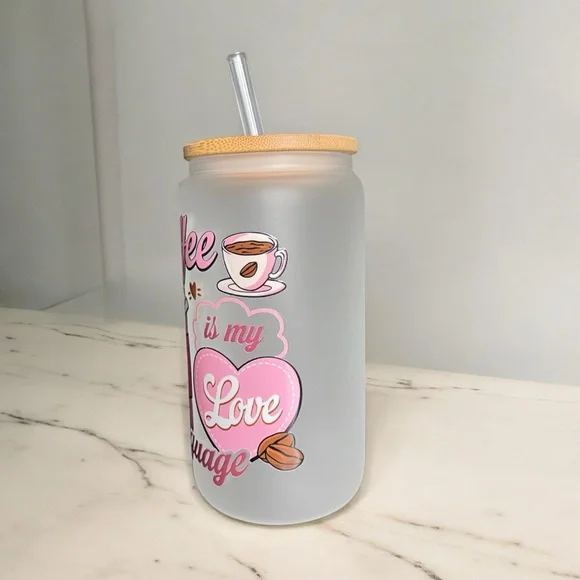 Coffee is my love language handmade glass can cup with bamboo lid and straw - Picture 4 of 4